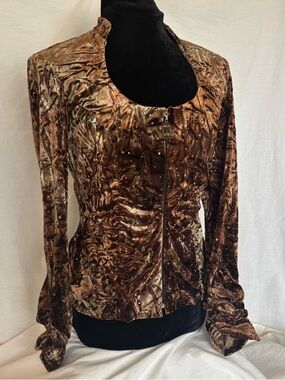 Artistic Vintage Crushed Velvet Sequin Top Copper Ruched Glam Zip Blouse Size 8